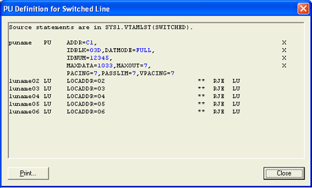 PU Definition for Switched Line Dialog Box