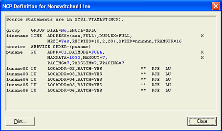 NCP Definition for Nonswitched Line Dialog Box