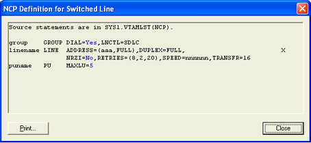 NCP Definition for Switched Line Dialog Box
