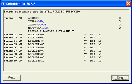 PU Definition for 802.2 Dialog Box