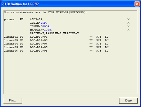PU Definition for HPR/IP Dialog Box