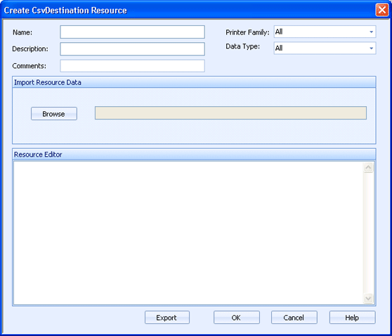 CsvDestination Resource dialog box