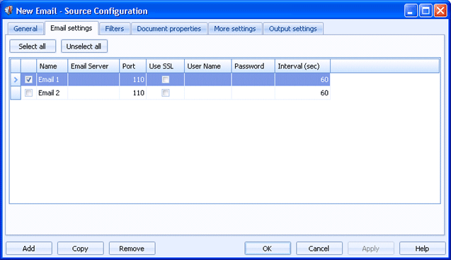 Email settings tab