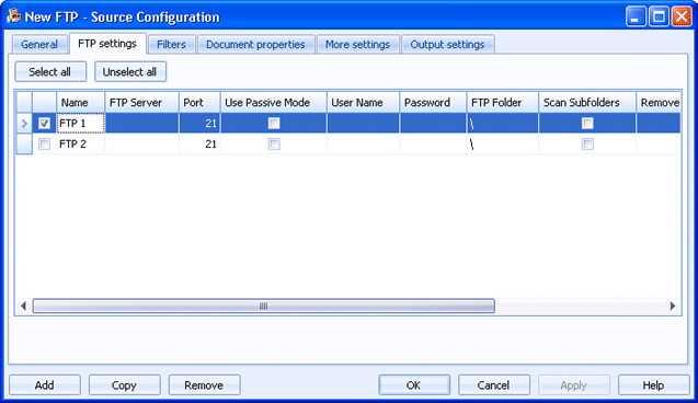 FTP settings tab