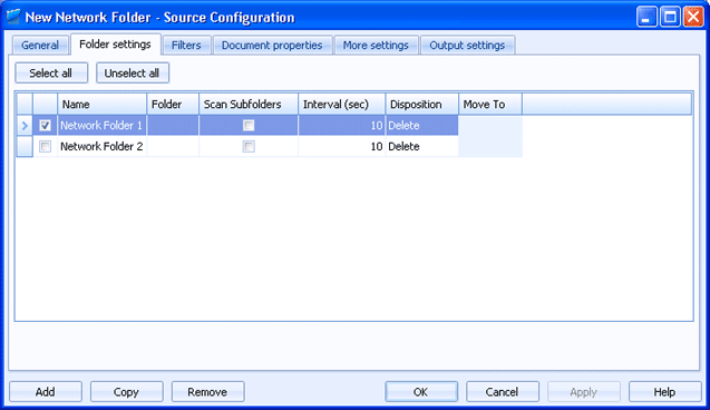 Folder settings tab