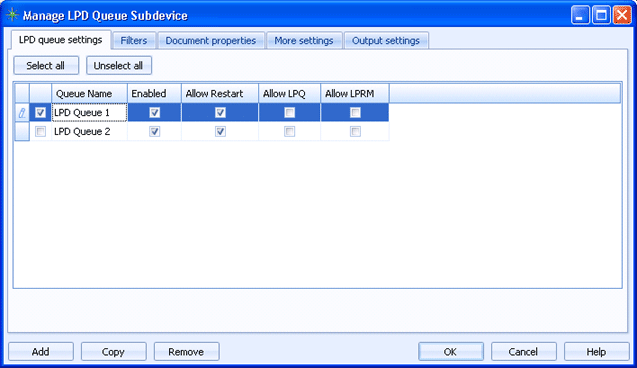 LPD queue settings tab