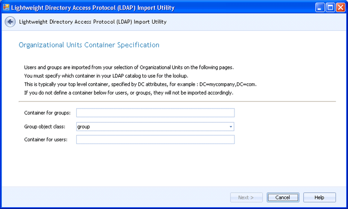 Organizational Units Container Specification Page