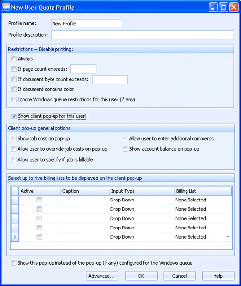 User Quota Profile Dialog Box